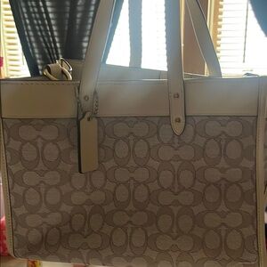 Coach Cream Monogram Tote with White Leather Trim